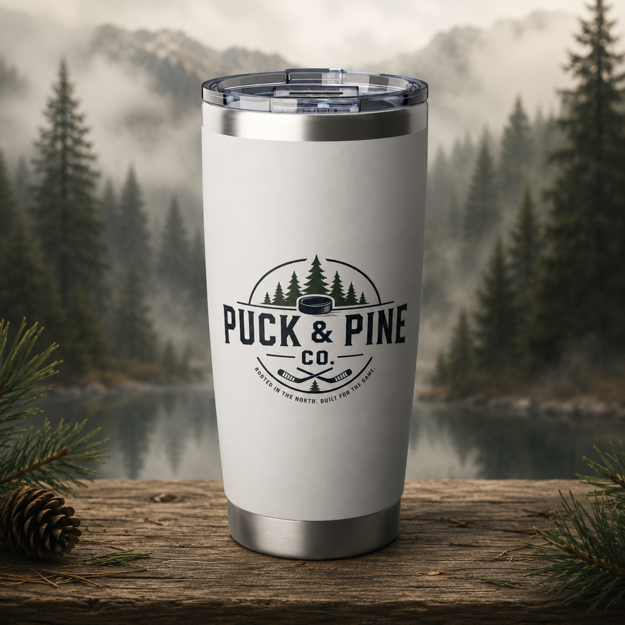 White Puck & Pine Co. insulated tumbler featuring a hockey and pine tree logo with a misty forest and mountain backdrop.