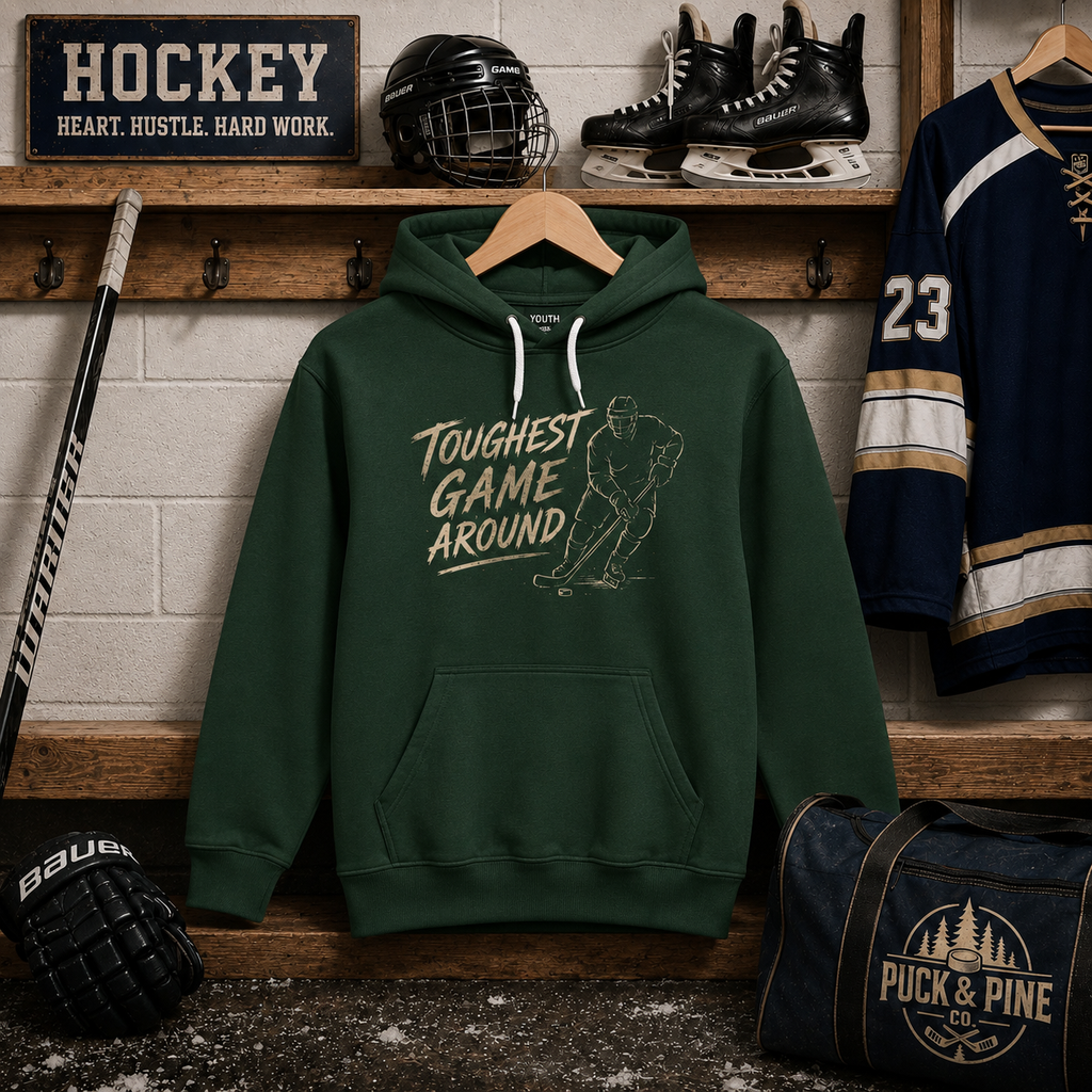 Youth forest green hockey hoodie featuring a vintage "Toughest Game Around" hockey player graphic displayed in a hockey locker room setting.
