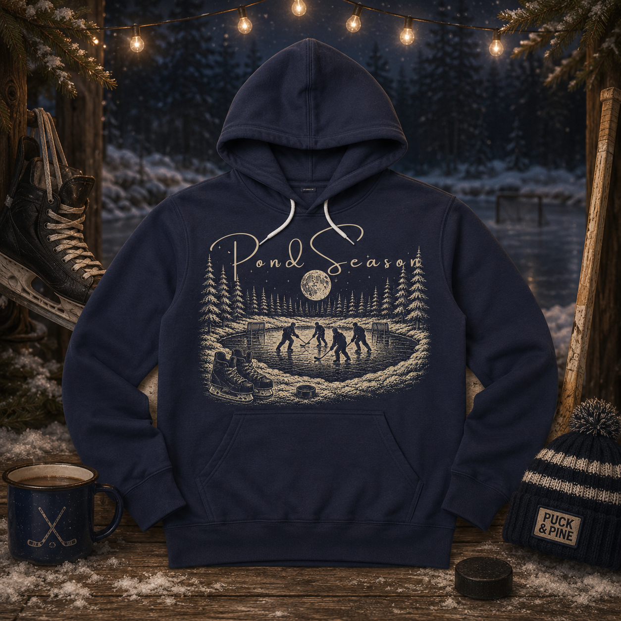 Vintage Pond Season hockey hoodie featuring four players skating on a frozen pond beneath a full moon surrounded by pine trees in a classic Northwoods winter scene.