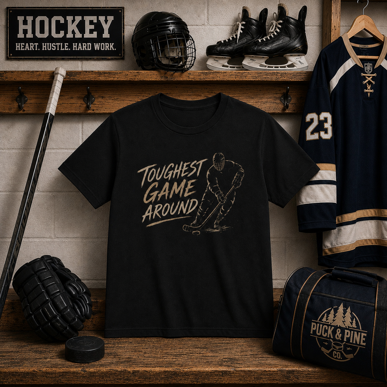 Black youth hockey t-shirt featuring a vintage "Toughest Game Around" hockey player graphic displayed in a rustic hockey locker room setting.
