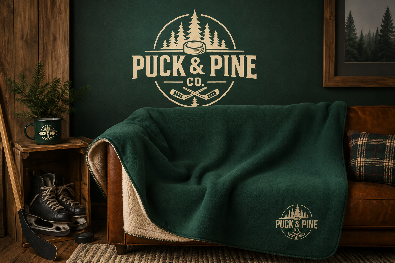 Puck & Pine Co. Sherpa Fleece Blanket – Hockey & Northwoods Throw