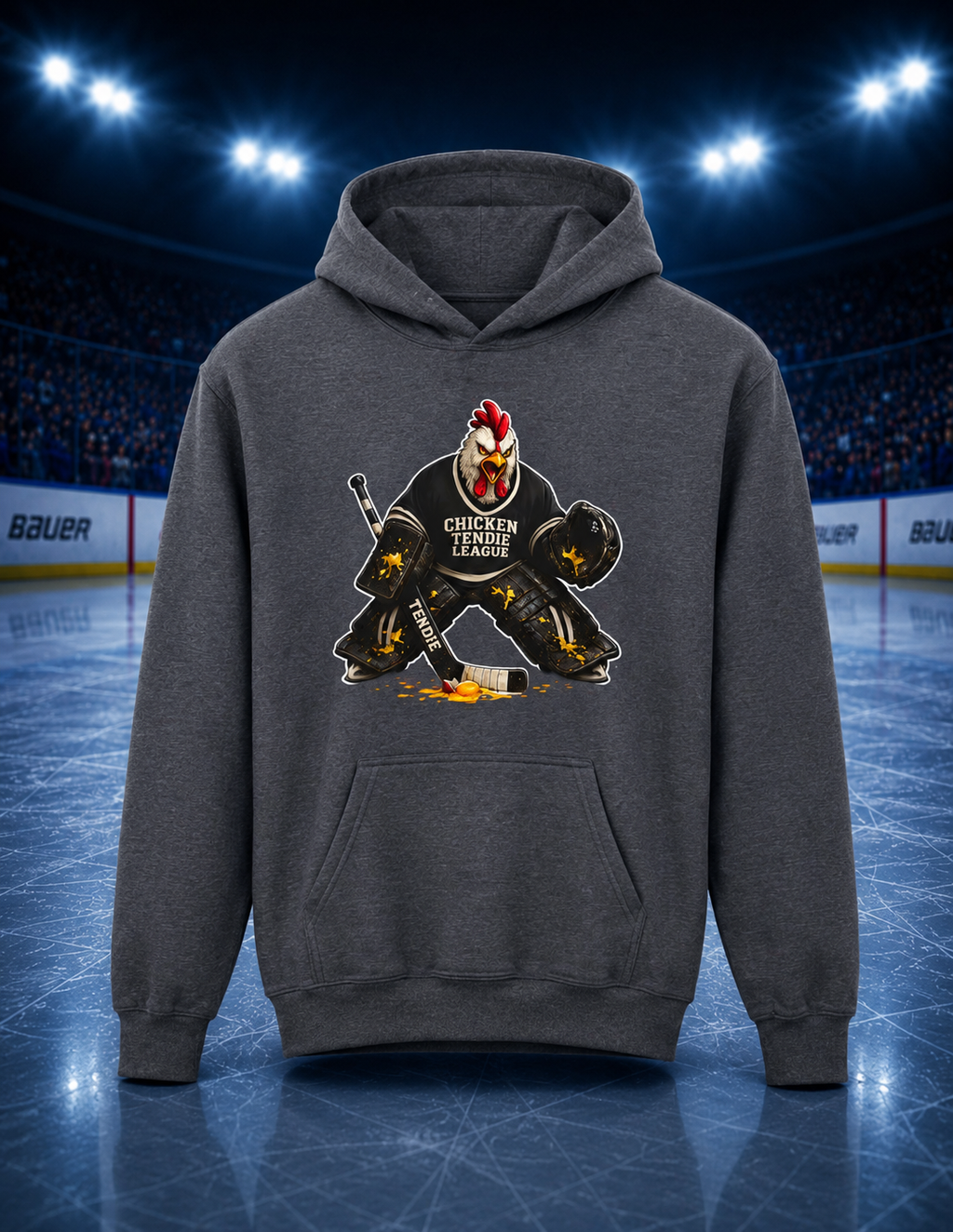Chicken Tendie League youth hockey goalie hoodie featuring a chicken goalie graphic with hockey pads and stick.