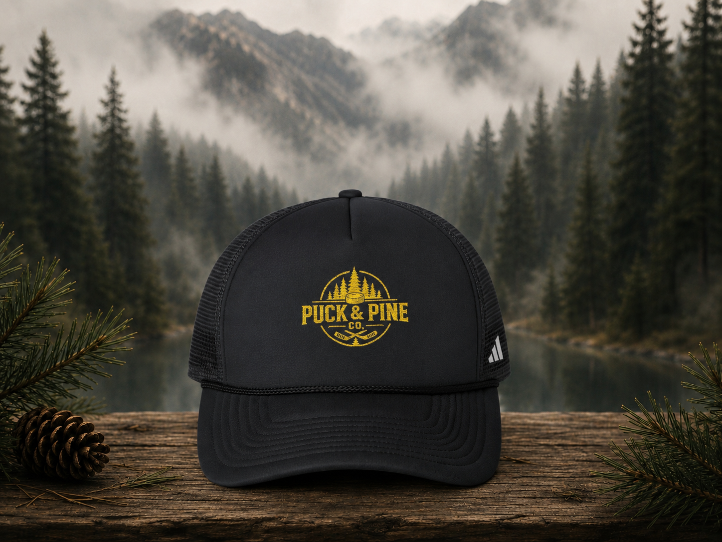 Black Adidas trucker hat featuring embroidered gold Puck & Pine Co. logo, inspired by hockey, cabin life, and outdoor adventure.
