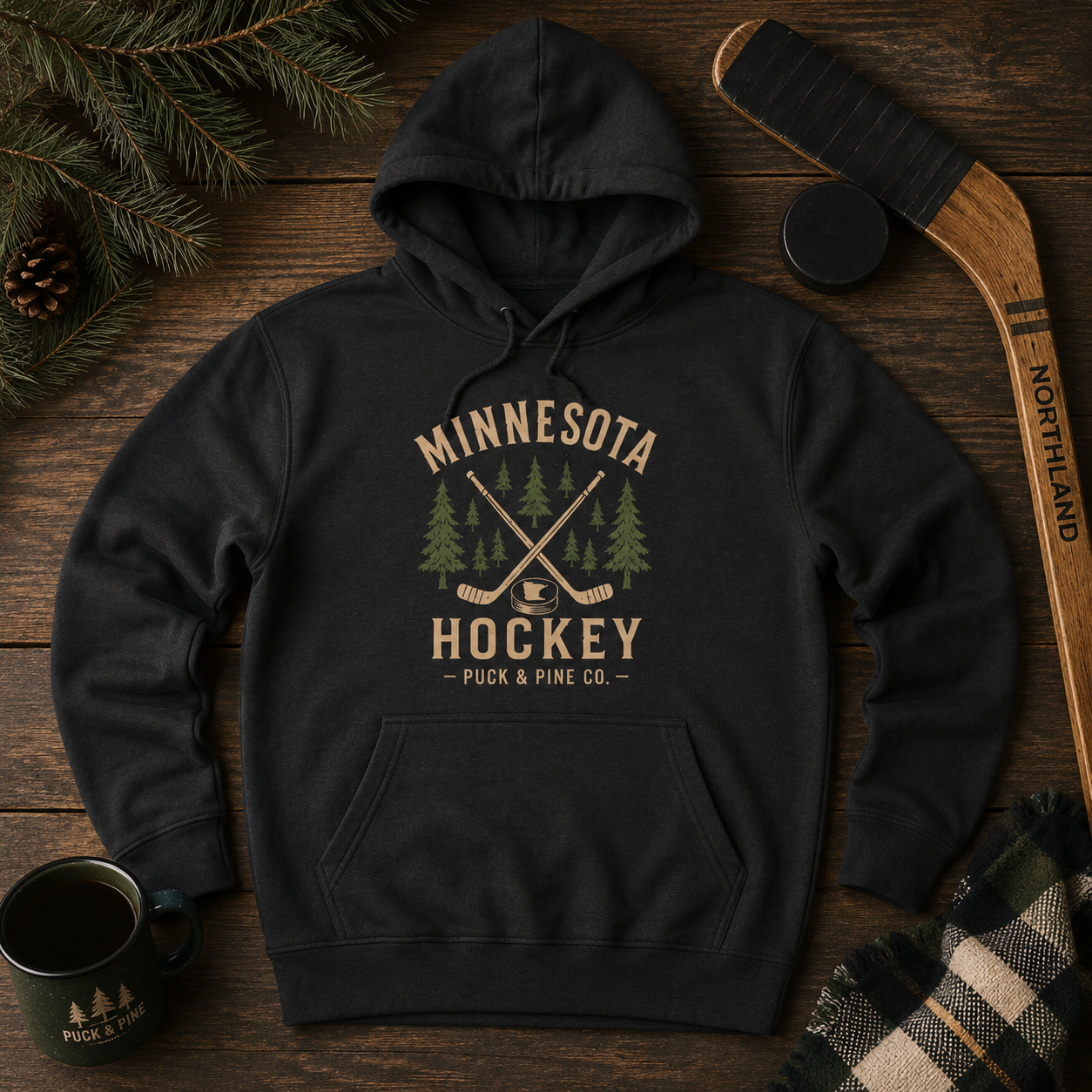 Vintage Minnesota Hockey hoodie featuring crossed hockey sticks, pine trees, and a distressed cream graphic on a premium black sweatshirt by Puck & Pine Co.