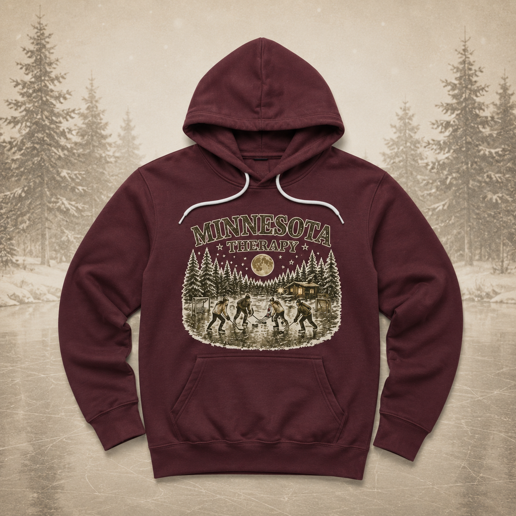 Minnesota Therapy vintage pond hockey hoodie featuring four players skating on a frozen pond beneath a full moon with pine trees and a cabin in the background.