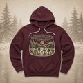 Minnesota Therapy vintage pond hockey hoodie featuring four players skating on a frozen pond beneath a full moon with pine trees and a cabin in the background.